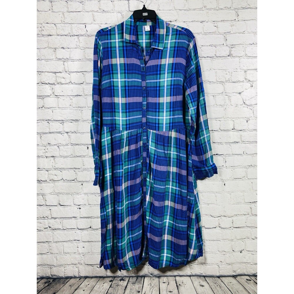 Old Navy Women Plaid Button Down Tiered Midi Dress Blue Green Teal Size L